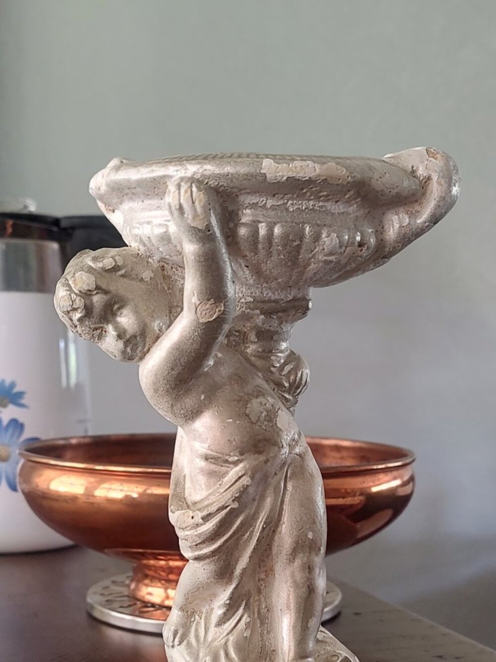 Vintage Chalkware Cherub with Pedestal Bowl Statue 1940s Shabby Chic 8.5 inches